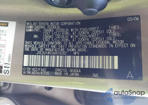 2006 Toyota 4Runner Sr5 V6 from USA, damaged, VIN JTEZU14R760076202